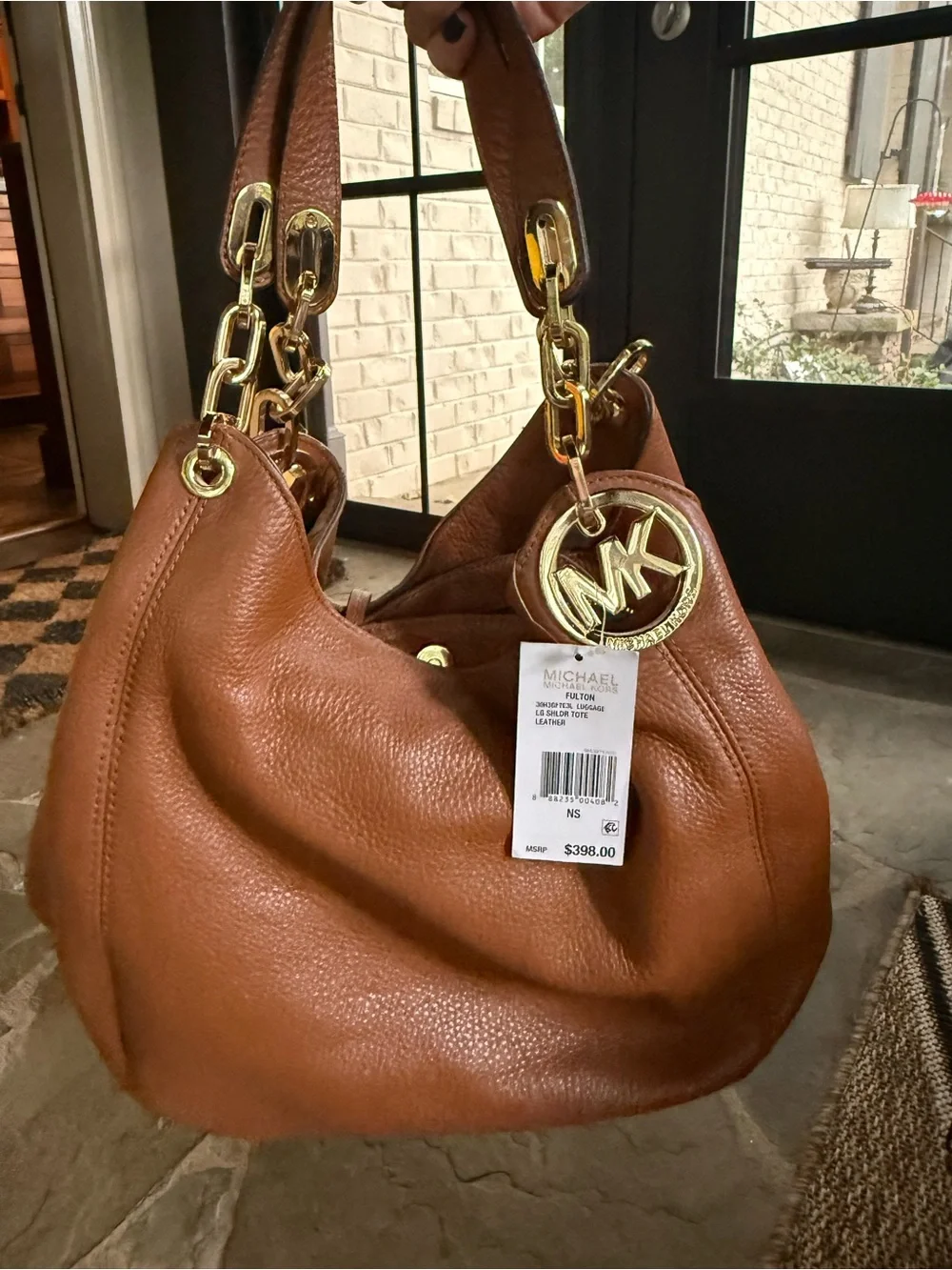 Michael Kors Cognac Pebbled Leather Hobo with Gold MK Charm